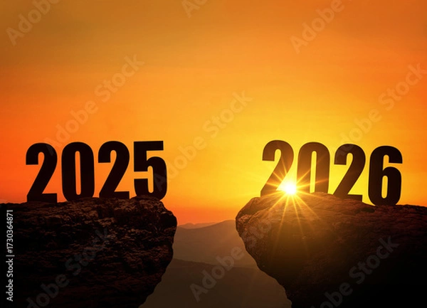 Fototapeta New Year's Eve 2026 on the mountain at sunset, concept. 2026 and 2025 on the cliff at sunrise, creative idea. Free space for design. Calendar 2026