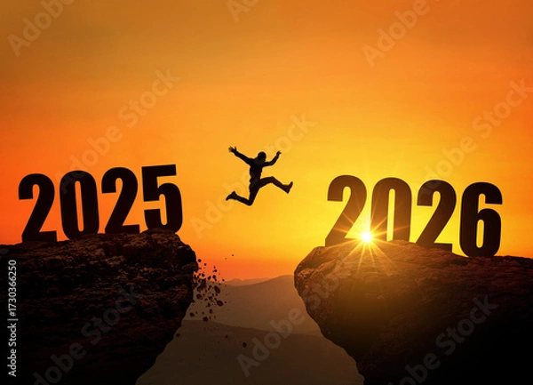 Fototapeta Man jumping on cliff 2026 over the precipice at amazing sunset. New Year's concept. Symbol of starting and welcome happy new year 2026. People enters the year 2026, creative idea
