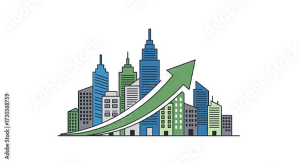 Fototapeta Illustrated city skyline with upward trending arrow showing growing urban development