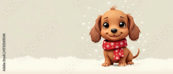 Obraz Cute puppy wearing festive scarf, surrounded by snowflakes and hearts, exuding joy and warmth. Perfect for holiday themes