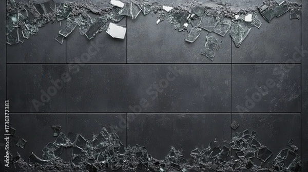 Fototapeta Broken Glass on Dark Surface with Textured Tiles and Irregular Edges
