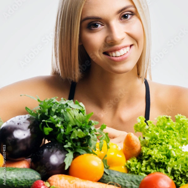 Fototapeta Portrait image of happy smiling young beautiful woman girl with healthy vegetarian food, isolate grey gray background. Diet, loss weight, healthy eating concept. Square