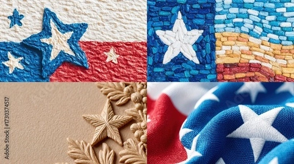 Fototapeta A collage displaying 4 distinct images textured stars on colorful backgrounds, representing patriotism