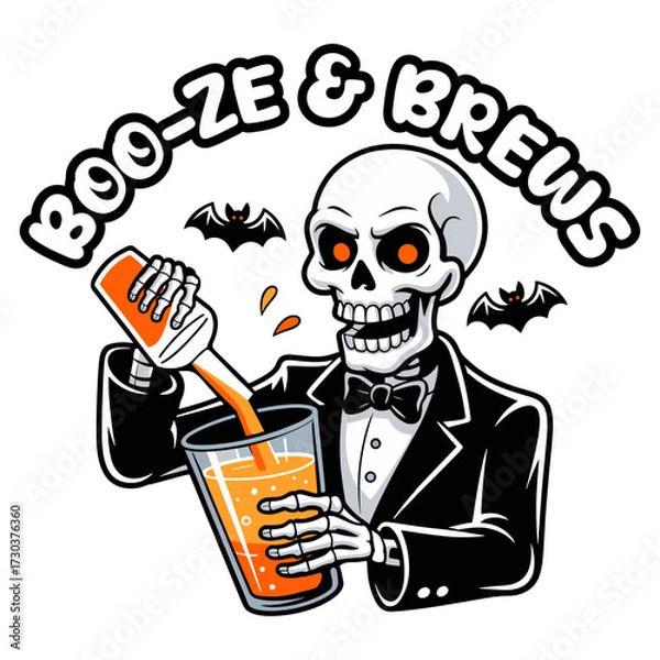Fototapeta Spooky Skeleton Bartender Serving "Boo-ze & Brews" for Halloween Party Vector Illustration