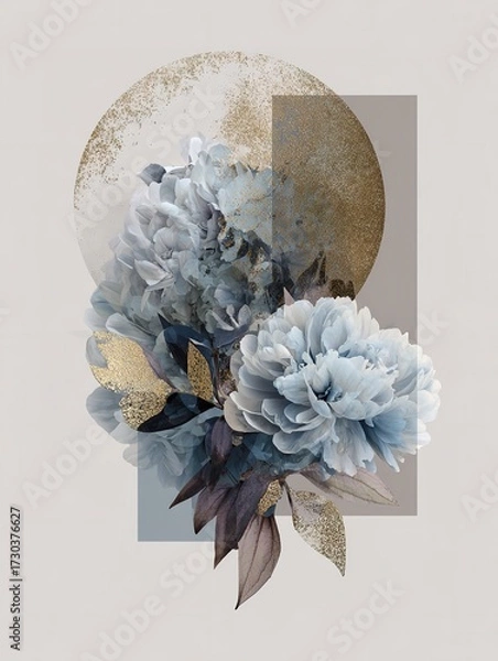 Fototapeta Double exposures of close-up flowers with geometric shapes and textured gold accents, contemporary art posters with a bohemian aesthetic