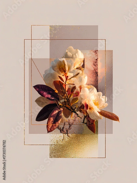 Fototapeta Double exposures of close-up flowers with geometric shapes and textured gold accents, contemporary art posters with a bohemian aesthetic