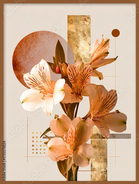 Fototapeta Double exposures of close-up flowers with geometric shapes and textured gold accents, contemporary art posters with a bohemian aesthetic