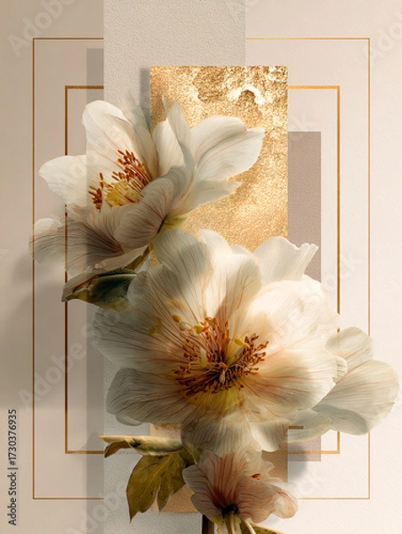 Fototapeta Double exposures of close-up flowers with geometric shapes and textured gold accents, contemporary art posters with a bohemian aesthetic