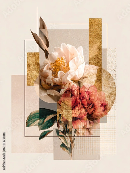 Fototapeta Double exposures of close-up flowers with geometric shapes and textured gold accents, contemporary art posters with a bohemian aesthetic