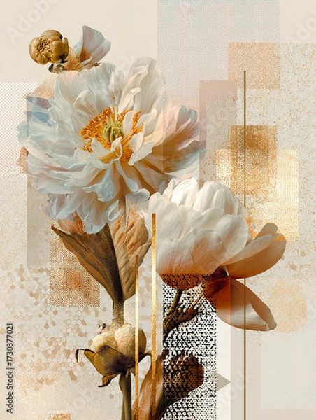 Fototapeta Double exposures of close-up flowers with geometric shapes and textured gold accents, contemporary art posters with a bohemian aesthetic