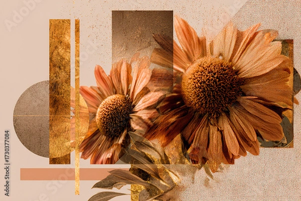 Fototapeta Double exposures of close-up flowers with geometric shapes and textured gold accents, contemporary art posters with a bohemian aesthetic