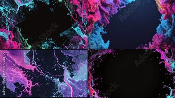 Fototapeta Four panels showcase vibrant, colorful paint plumes forming abstract shapes, framing dark voids on black