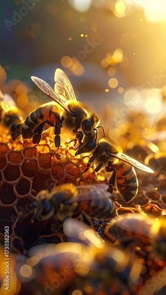 Fototapeta Bees on Honeycomb with Golden Sunlight Macro Shot