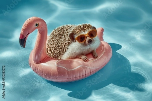 Fototapeta Relaxed Hedgehog in Oversized Sunglasses on Pink Flamingo Pool Float