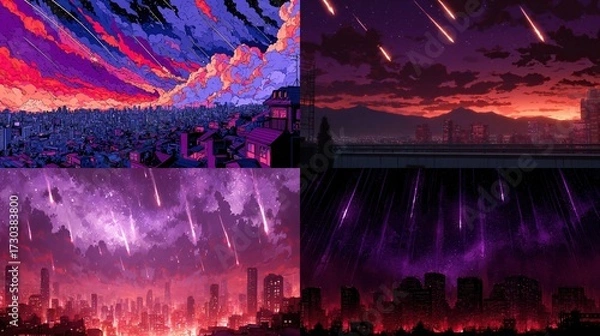 Fototapeta Four views of cityscapes with dramatic, colorful skies, and streaks resembling meteor showers