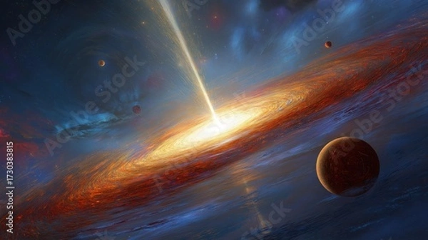 Fototapeta A stunning cosmic scene featuring a swirling galaxy with a bright core, surrounded by planets and celestial phenomena in a vibrant, colorful universe.