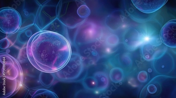Fototapeta A vibrant abstract representation of cellular structures, featuring luminous bubbles set against a cosmic background of blues and purples.