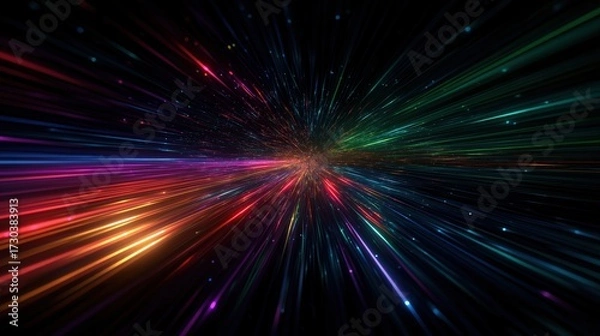 Fototapeta A vibrant burst of colorful light streaks against a dark background, creating a sense of motion and depth, reminiscent of cosmic phenomena or digital art.