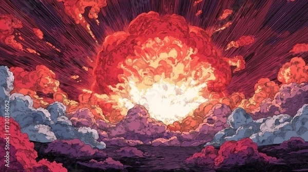 Fototapeta A vibrant, illustrated explosion radiates fiery colors and dynamic clouds, exemplifying powerful energy and dramatic transformation in the sky.