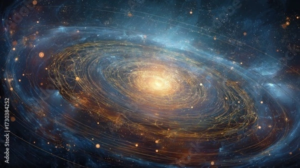 Fototapeta A stunning cosmic scene depicting a swirling galaxy with vibrant colors and luminous stars against a dark backdrop of space.