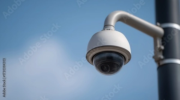 Fototapeta A close-up view of a surveillance camera mounted on a pole, set against a clear blue sky.