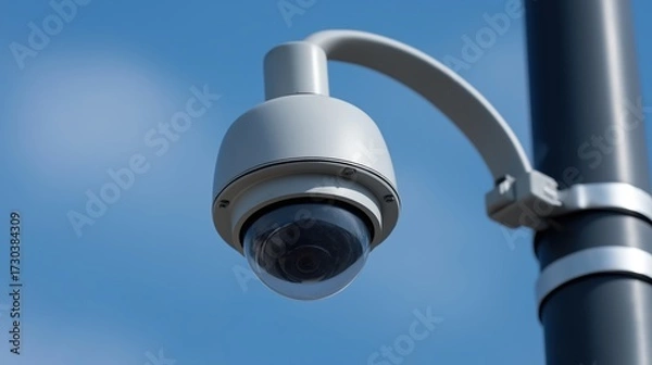 Fototapeta A close-up of a modern surveillance camera mounted on a pole, set against a clear blue sky.