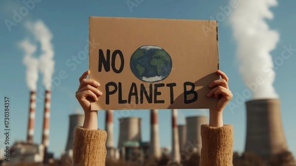 Fototapeta A protester holds a sign reading "No Planet B," advocating for environmental awareness against a backdrop of smokestacks.