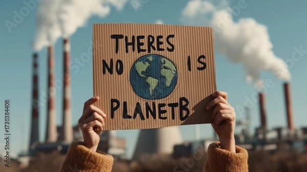 Fototapeta A person holds a sign reading "There's no Planet B" in front of industrial smokestacks, highlighting environmental concerns and the urgency of climate action.