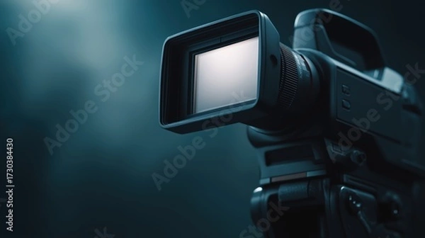 Fototapeta A close-up of a professional video camera lens, showcasing its intricate design against a softly lit background.