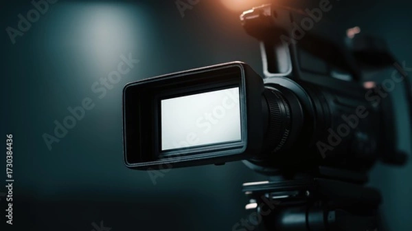 Fototapeta A close-up shot of a video camera with a dark background, showcasing its lens and body in a cinematic style.