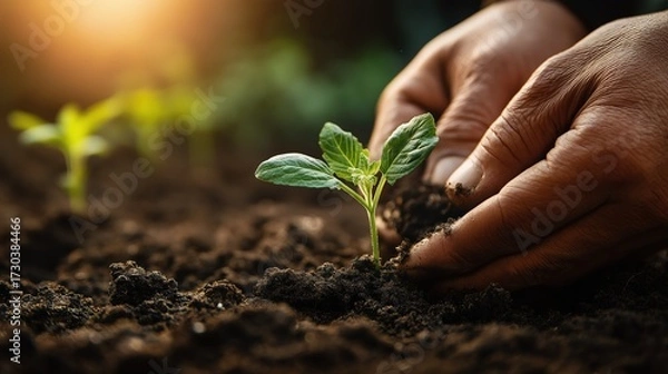 Fototapeta A close-up of hands planting a young seedling in rich soil, symbolizing growth and nurturing in gardening.