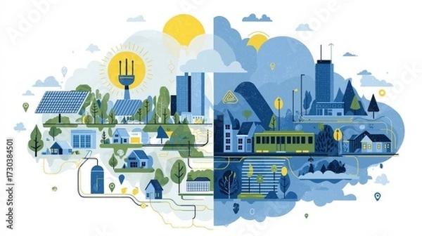 Fototapeta A colorful illustration depicting a blend of urban and rural landscapes, featuring renewable energy sources, buildings, and nature.