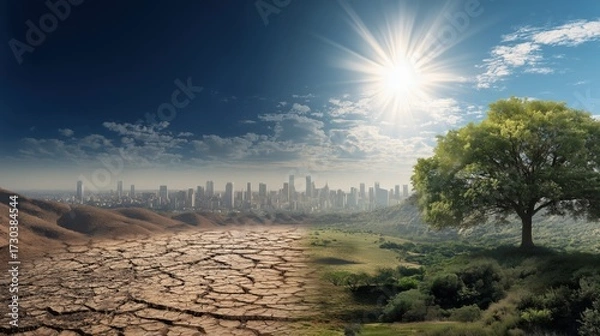Fototapeta A striking image contrasting a dry, cracked landscape with a lush, green area and a city skyline, highlighting the impact of climate change.