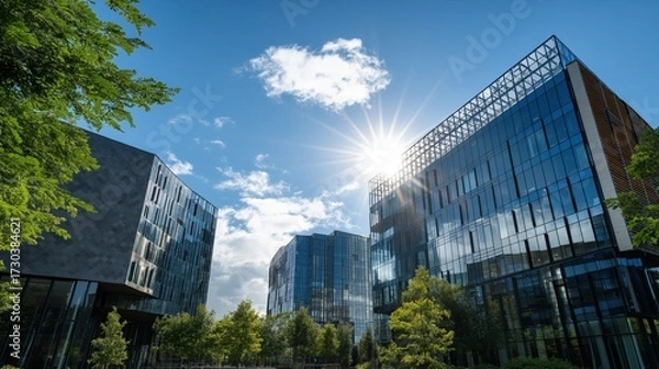 Fototapeta Modern glass buildings under a bright sky, surrounded by trees, capturing a vibrant and dynamic urban environment.