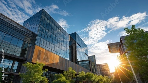 Fototapeta A modern architectural scene featuring glass buildings reflecting sunlight against a bright sky, surrounded by greenery.