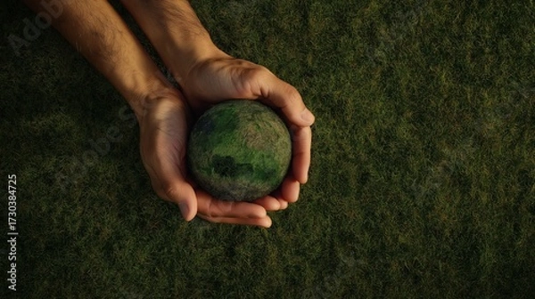 Fototapeta A pair of hands cradles a small, earth-like sphere, symbolizing environmental care and sustainability against a backdrop of green grass.