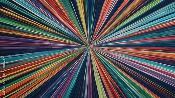 Fototapeta A vibrant, abstract design featuring converging lines in various colors, creating a dynamic visual effect that draws the eye towards the center.