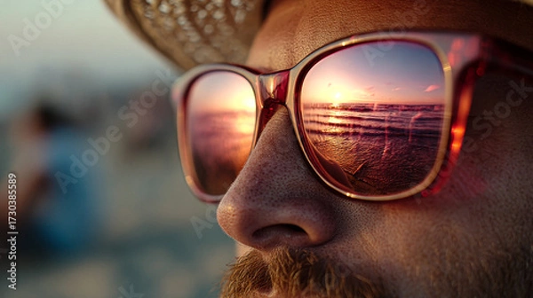 Fototapeta Close-up of Man in Sunglasses and Hat on Beach with Sunset Reflection in Lenses