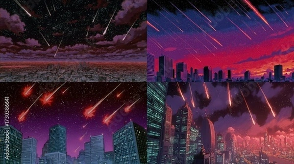 Fototapeta Cityscapes face fiery meteor showers in animated scenes of imminent disaster