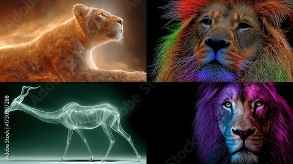 Fototapeta Four images; a lioness with light, a colorful lion's face, an X-ray of an antelope, & a lion with split colors