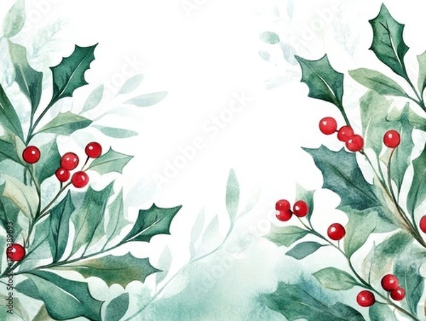 Obraz Festive Clean Lines Background with Green Leaves and Vibrant Holly Berries for Christmas