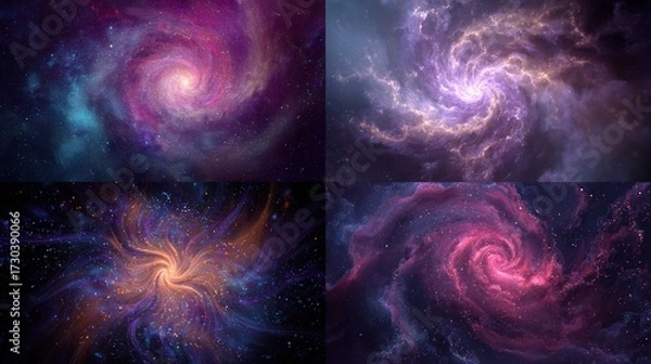 Fototapeta Cosmic Swirls Four colorful galaxies spiral against a dark backdrop