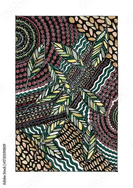 Fototapeta A vibrant abstract design with ethnic and natural motifs. The center of the composition features leaves with a geometric pattern inside, executed in green, yellow, and white tones. 