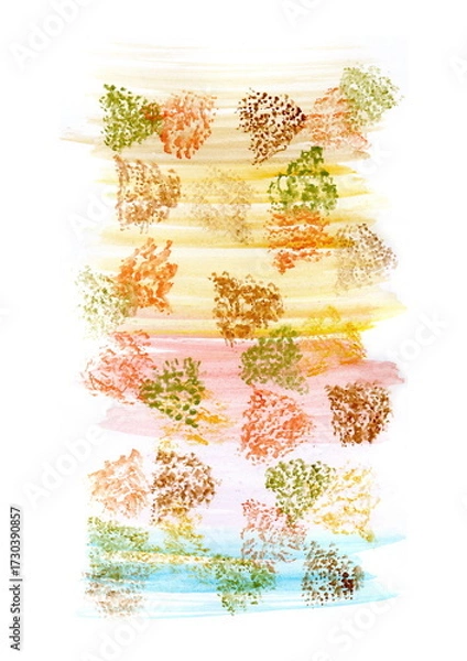 Fototapeta The illustration is done in watercolor in a soft pastel palette. Horizontal brushstrokes of yellow, pink, and blue highlight the mottled crowns, reminiscent of light, abstract trees or clouds. 