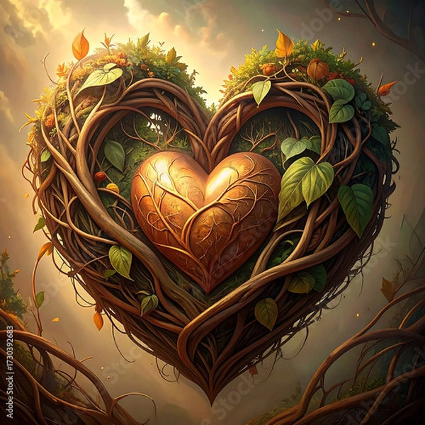 Fototapeta Heart vine sculpture entwined with leaves and glowing core, enchanting natural romance and warm light