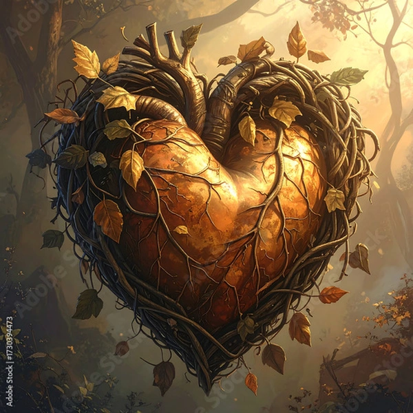 Obraz Golden heart carved from wood and wrapped in vine and autumn leaf, warm magical forest scene evoking tender wonder