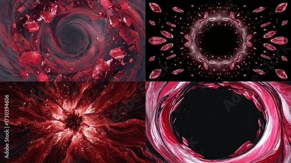 Fototapeta Four abstract views of red crystal formations swirling & glowing, digital art textures.