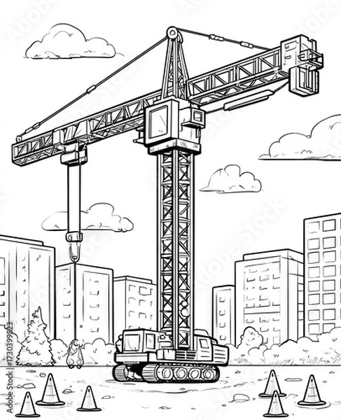 Fototapeta Line drawing of a large construction crane in an urban environment vector illustration