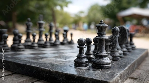 Fototapeta Large stone chess pieces arranged on an outdoor marble board set on a wooden table in a park