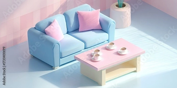 Fototapeta Miniature living room scene with sofa table coffee cups and pastel color scheme